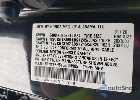2020 Honda Passport Awd Ex-L from USA, damaged, VIN 5FNYF8H51LB005505